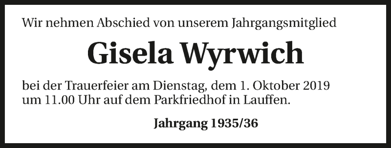  Traueranzeige für Gisela Wyrwich vom 01.10.2019 aus 
