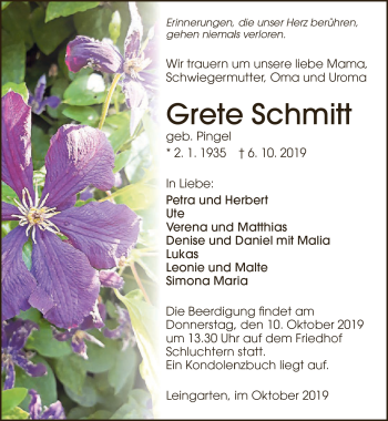 Traueranzeige von Grete Schmitt 