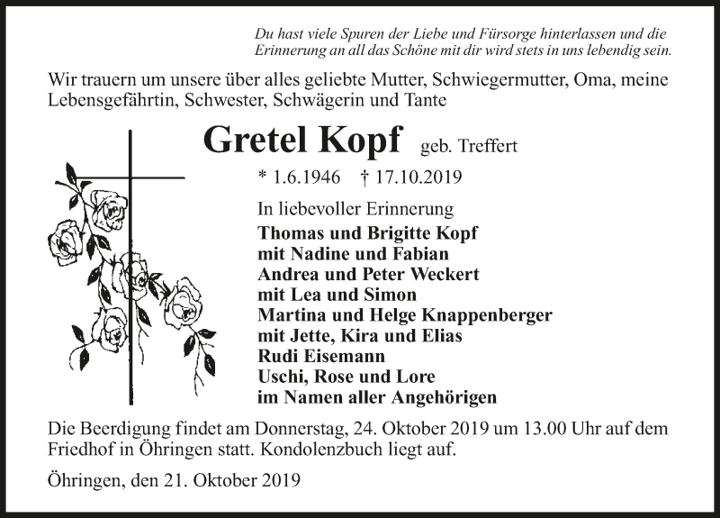  Traueranzeige für Gretel Kopf vom 21.10.2019 aus 