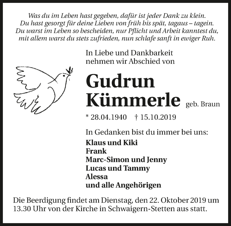  Traueranzeige für Gudrun Kümmerle vom 19.10.2019 aus 