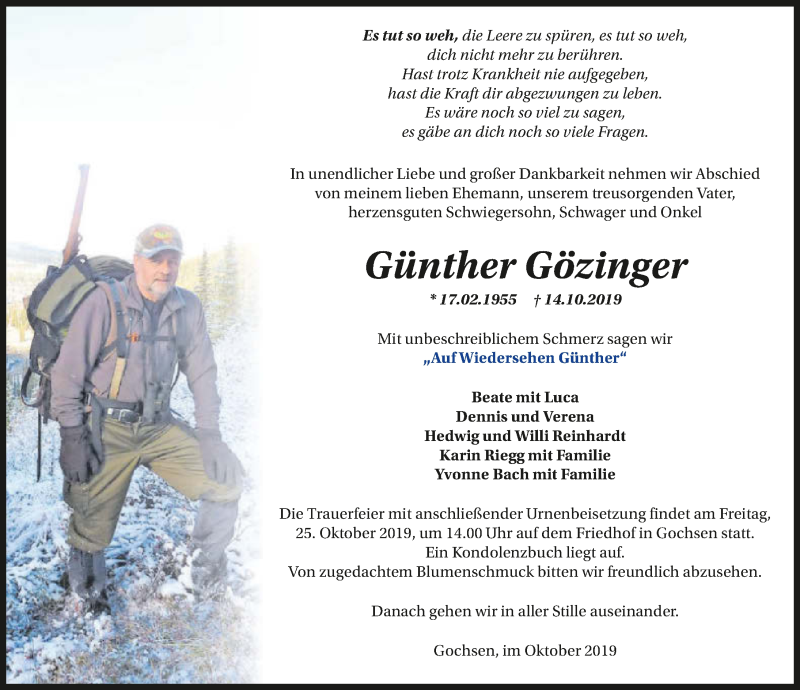  Traueranzeige für Günther Gözinger vom 21.10.2019 aus 