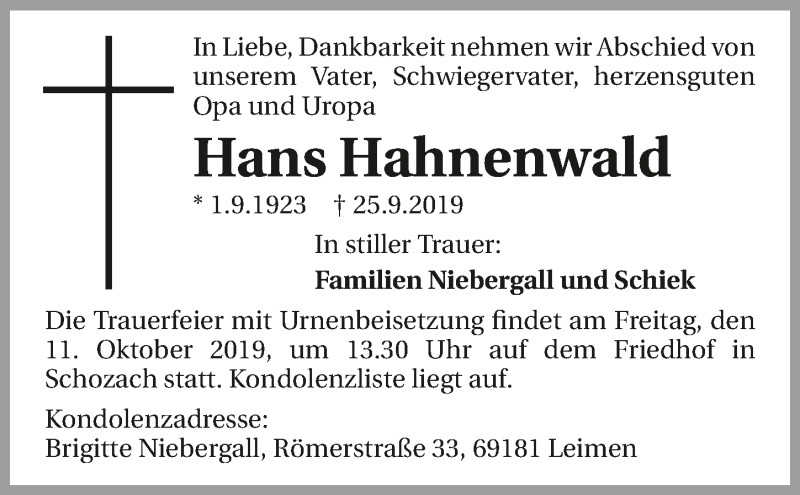  Traueranzeige für Hans Hahnenwald vom 05.10.2019 aus 