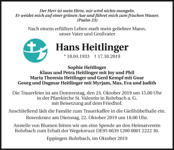 Traueranzeige von Hans Heitlinger 
