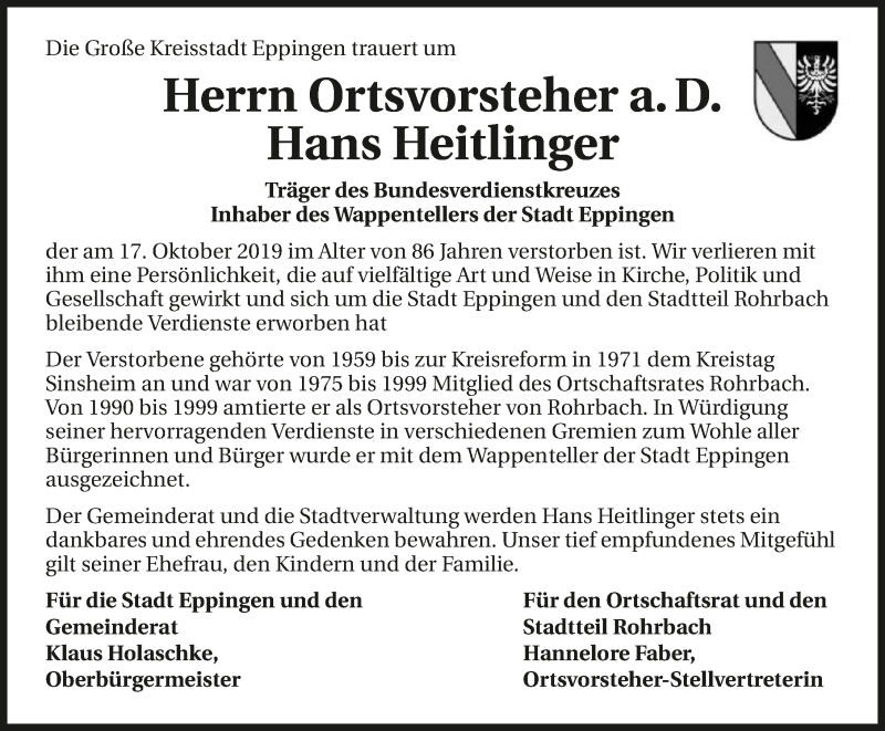  Traueranzeige für Hans Heitlinger vom 19.10.2019 aus 