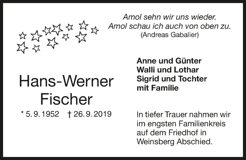  Traueranzeige für Hans-Werner Fischer vom 12.10.2019 aus 