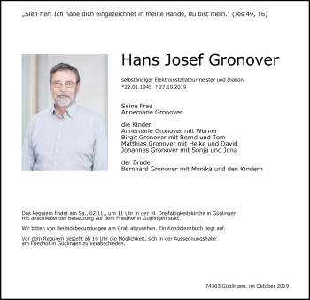 Traueranzeige von Hans Josef Gronover 