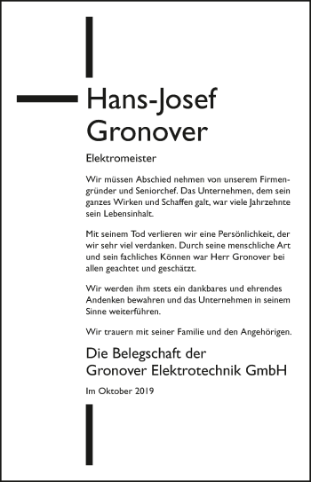 Traueranzeige von Hans Josef Gronover 