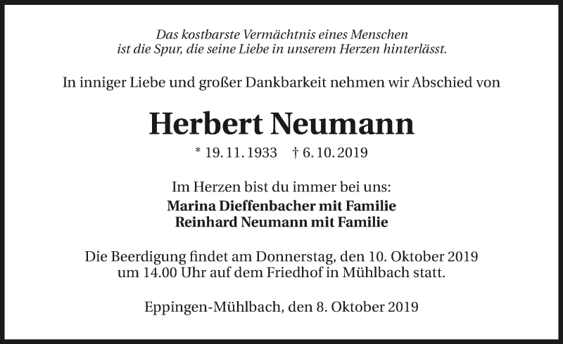 Traueranzeige für Herbert Neumann vom 08.10.2019 aus 