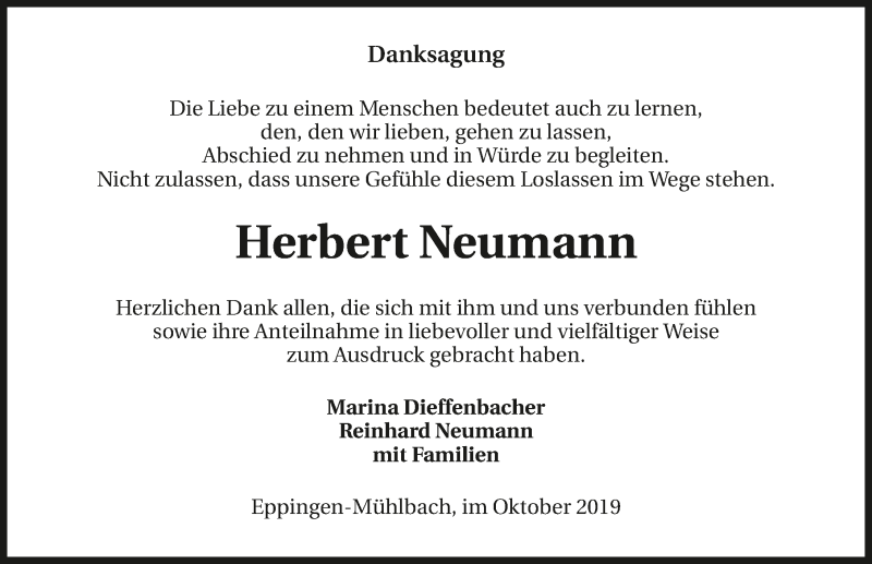  Traueranzeige für Herbert Neumann vom 19.10.2019 aus 