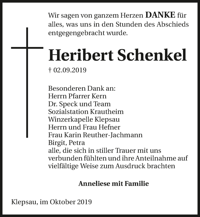  Traueranzeige für Heribert Schenkel vom 11.10.2019 aus 