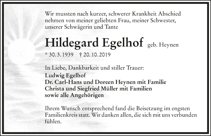  Traueranzeige für Hildegard Egelhof vom 30.10.2019 aus 