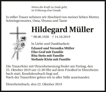 Traueranzeige von Hildegard Müller 