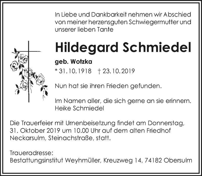  Traueranzeige für Hildegard Schmiedel vom 28.10.2019 aus 