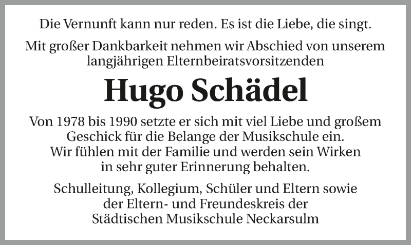  Traueranzeige für Hugo Schädel vom 10.10.2019 aus 