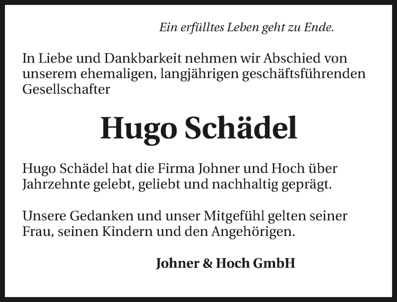  Traueranzeige für Hugo Schädel vom 08.10.2019 aus 