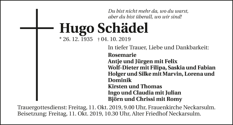  Traueranzeige für Hugo Schädel vom 08.10.2019 aus 