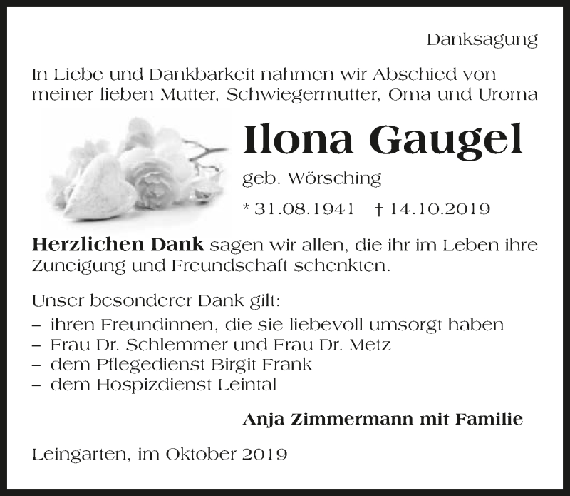  Traueranzeige für Ilona Gaugel vom 31.10.2019 aus 