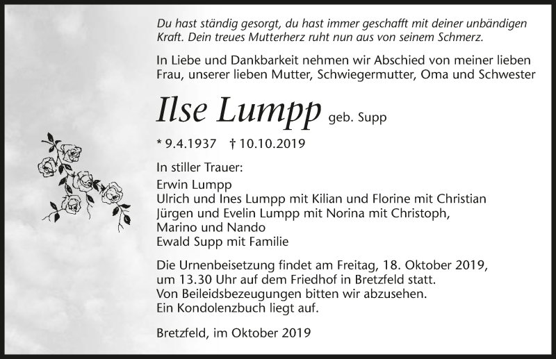  Traueranzeige für Ilse Lumpp vom 15.10.2019 aus 