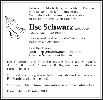 Traueranzeige von Ilse Schwarz 