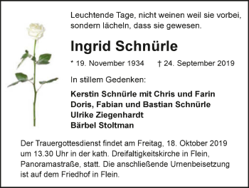 Traueranzeige von Ingrid Schnürle 