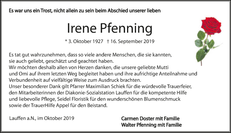  Traueranzeige für Irene Pfennig vom 05.10.2019 aus 