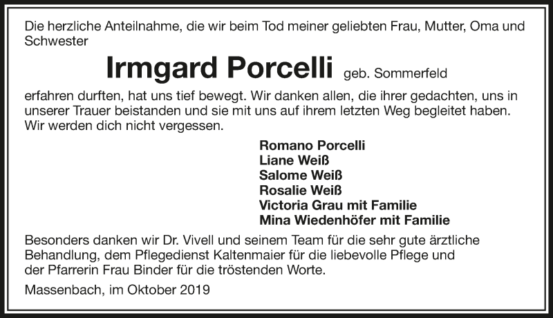  Traueranzeige für Irmgard Porcelli vom 12.10.2019 aus 