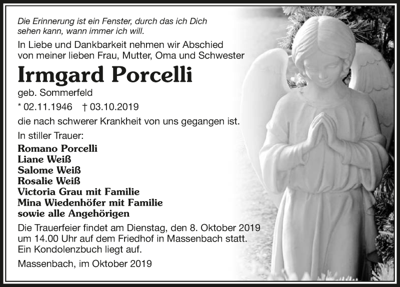  Traueranzeige für Irmgard Porcelli vom 05.10.2019 aus 