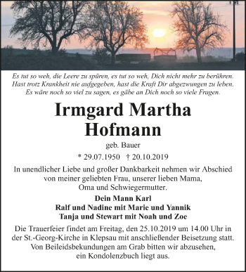 Traueranzeige von Irmgard Martha Hofmann 
