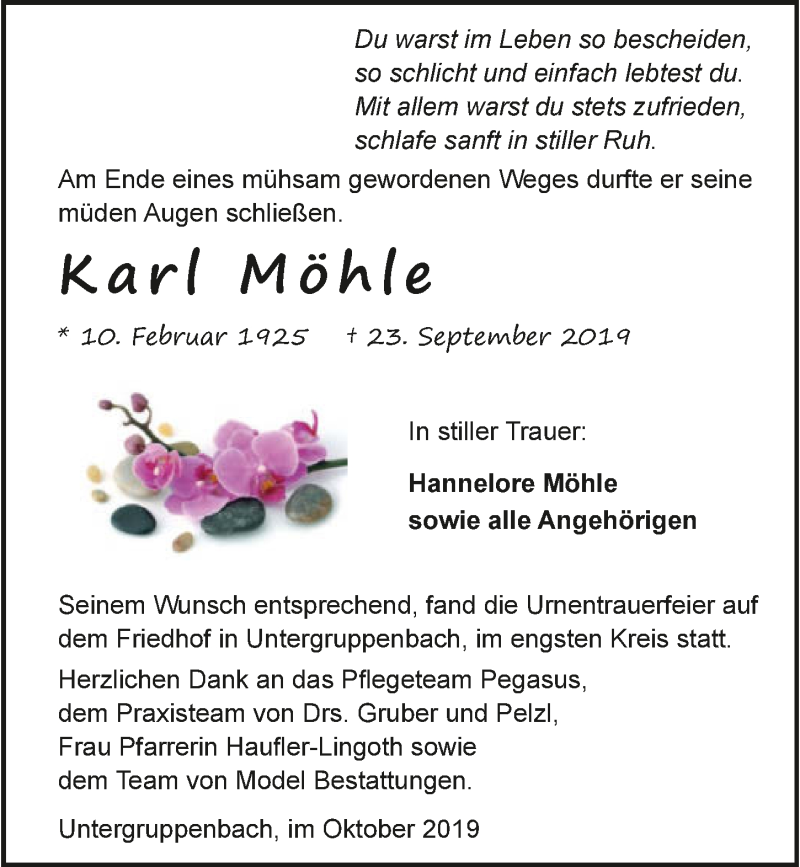  Traueranzeige für Karl Möhle vom 05.10.2019 aus 