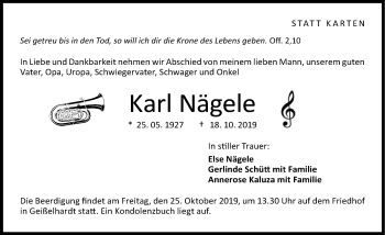 Traueranzeige von Karl Nägele 