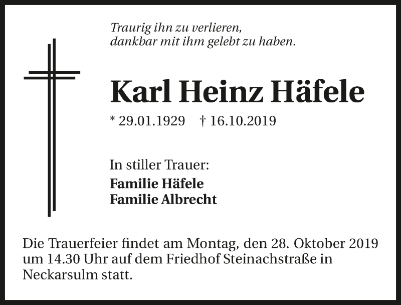  Traueranzeige für Karl Heinz Häfele vom 26.10.2019 aus 