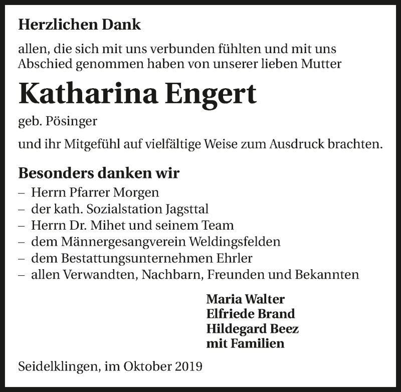  Traueranzeige für Katharina Engert vom 19.10.2019 aus 