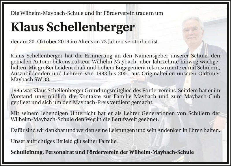  Traueranzeige für Klaus Schellenberger vom 26.10.2019 aus 