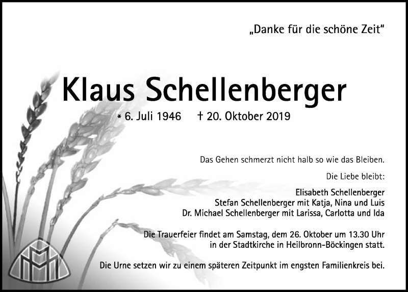  Traueranzeige für Klaus Schellenberger vom 23.10.2019 aus 