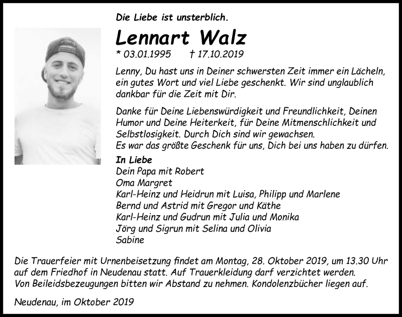  Traueranzeige für Lennart Walz vom 23.10.2019 aus 