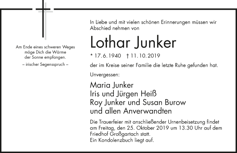  Traueranzeige für Lothar Junker vom 22.10.2019 aus 