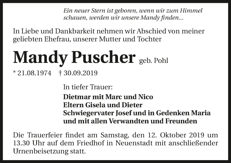  Traueranzeige für Mandy Puscher vom 05.10.2019 aus 