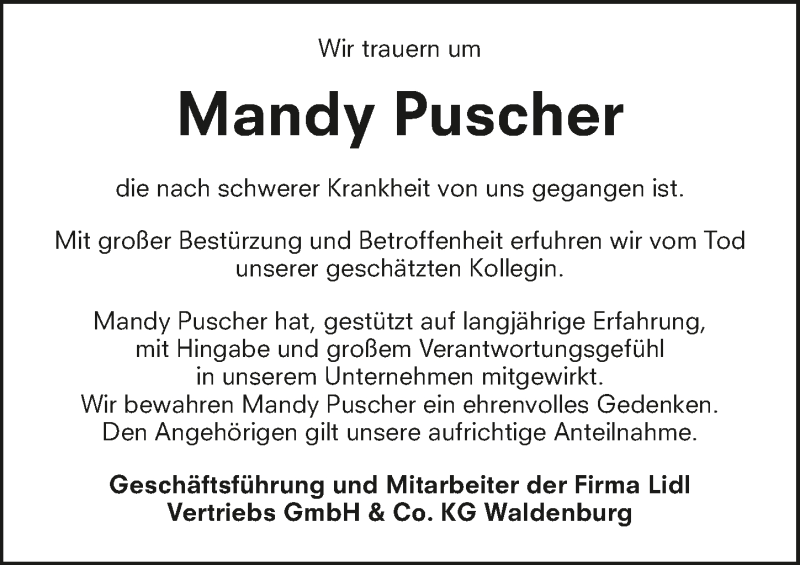  Traueranzeige für Mandy Puscher vom 12.10.2019 aus 
