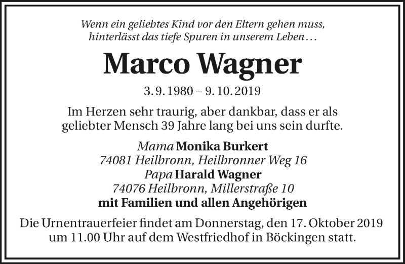  Traueranzeige für Marco Wagner vom 12.10.2019 aus 