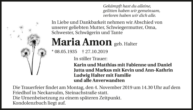  Traueranzeige für Maria Amon vom 30.10.2019 aus 