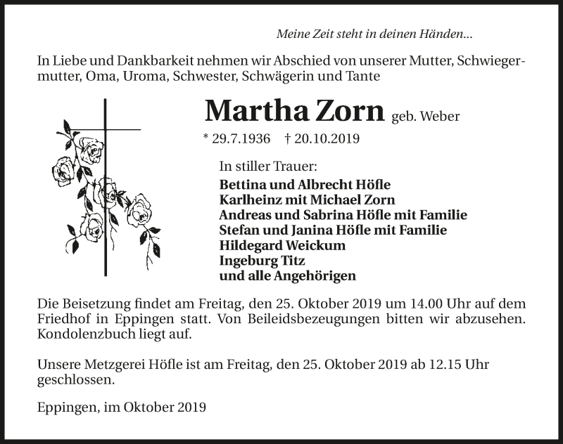  Traueranzeige für Martha Zorn vom 23.10.2019 aus 