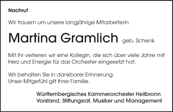 Traueranzeige von Martina Gramlich 