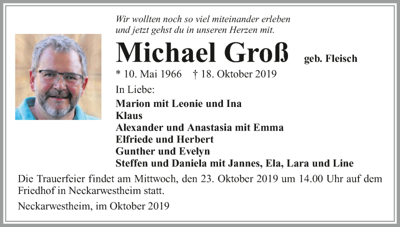  Traueranzeige für Michael Groß vom 22.10.2019 aus 
