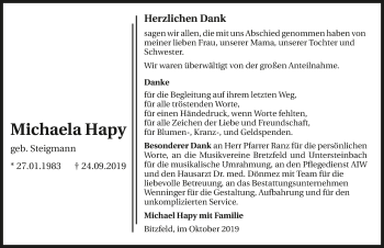 Traueranzeige von Michaela Hapy 