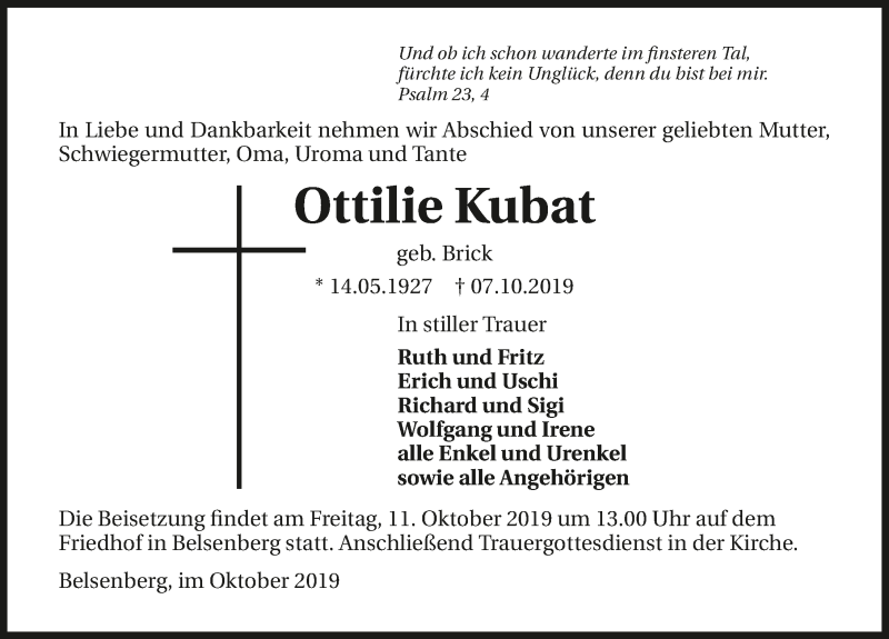  Traueranzeige für Ottilie Kubat vom 09.10.2019 aus 