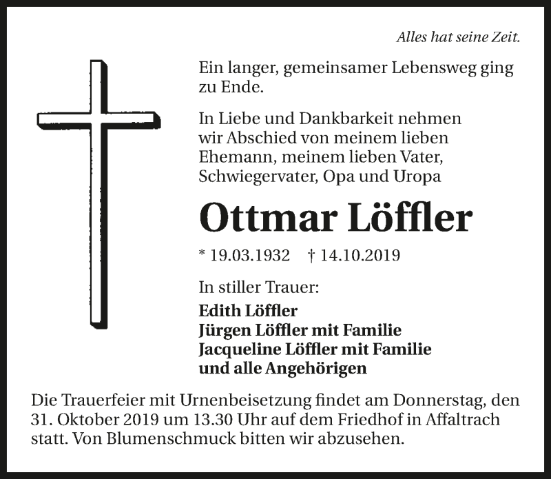  Traueranzeige für Ottmar Löffler vom 26.10.2019 aus 
