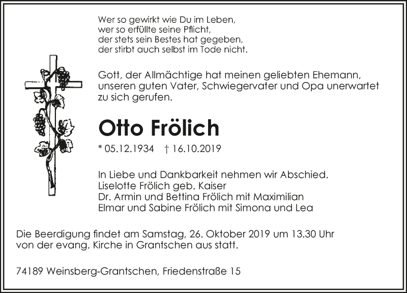  Traueranzeige für Otto Frölich vom 19.10.2019 aus 