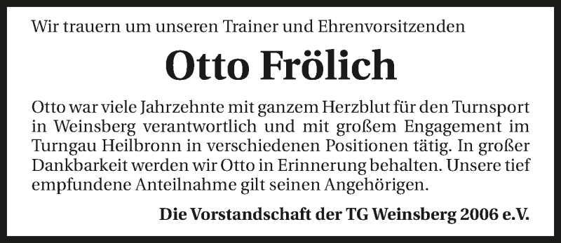  Traueranzeige für Otto Frölich vom 22.10.2019 aus 
