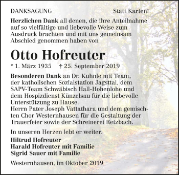 Traueranzeige von Otto Hofreuter 