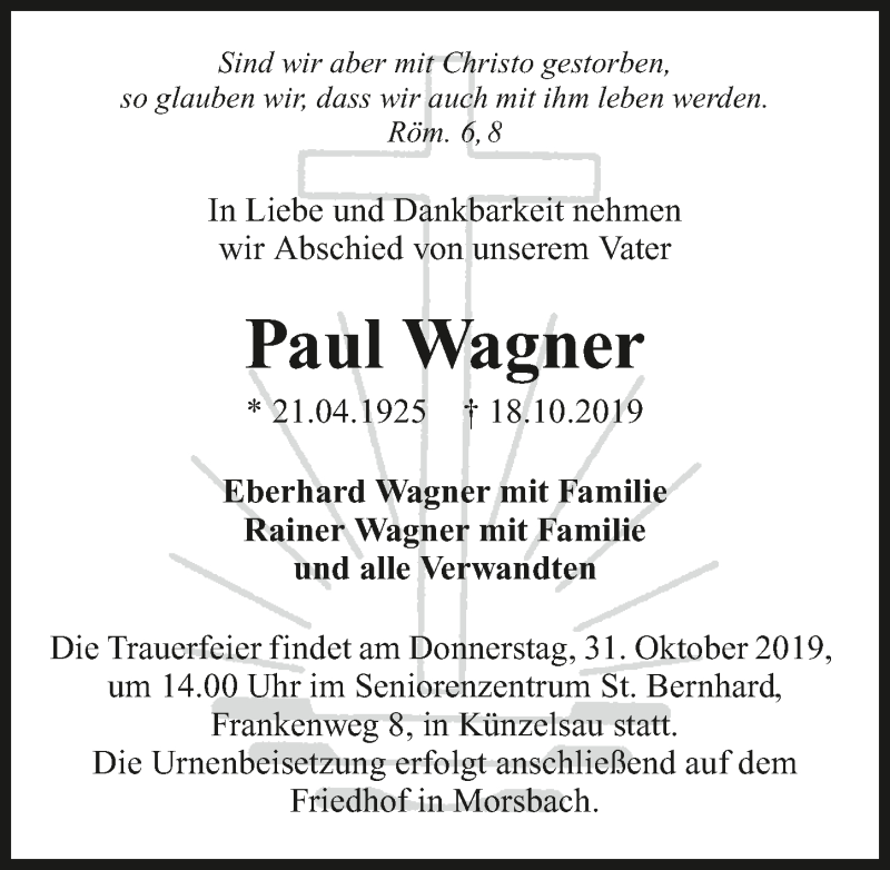  Traueranzeige für Paul Wagner vom 28.10.2019 aus 